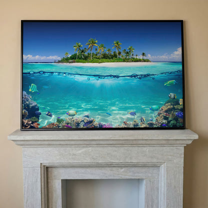 Tropical Island and Coral Reef Split-View Canvas in black floating frame