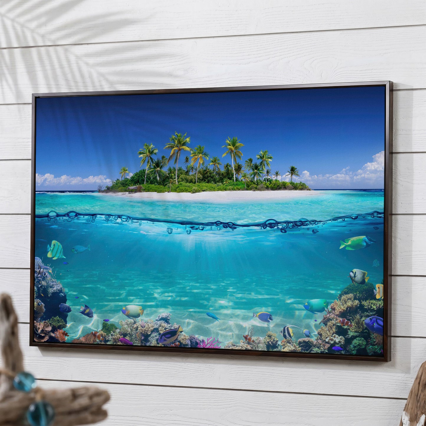 Tropical Island and Coral Reef Split-View Canvas in dark walnut floating frame