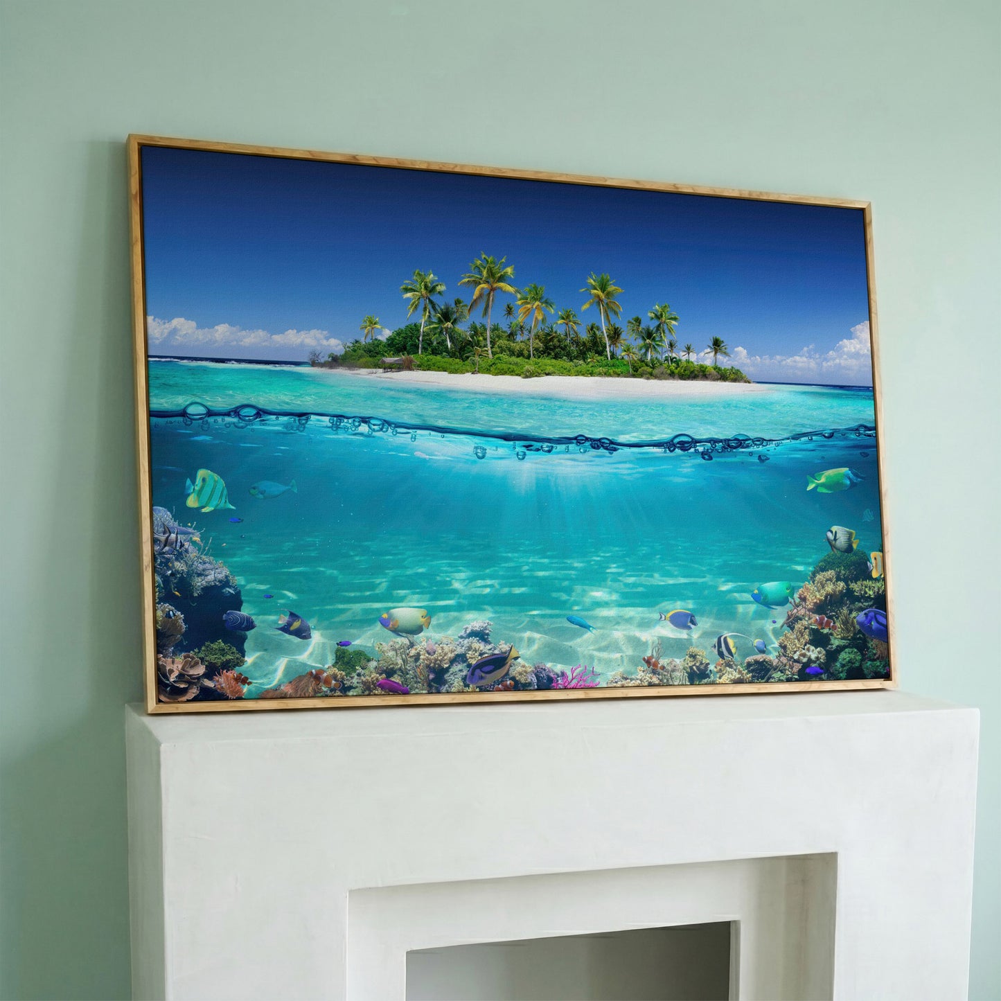 Tropical Island and Coral Reef Split-View Canvas in white oak floating frame