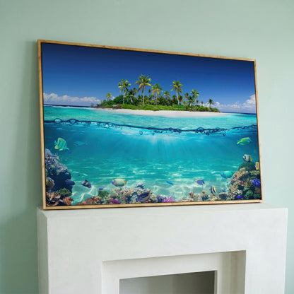Tropical Island and Coral Reef Split-View Canvas in white oak floating frame