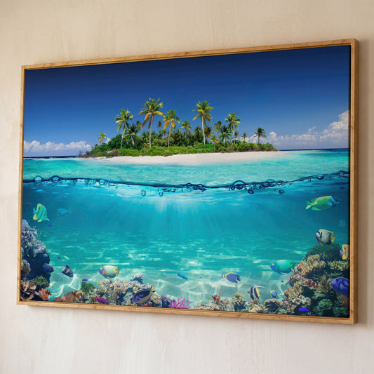Tropical Island and Coral Reef Split-View Canvas shown in white oak floating frame