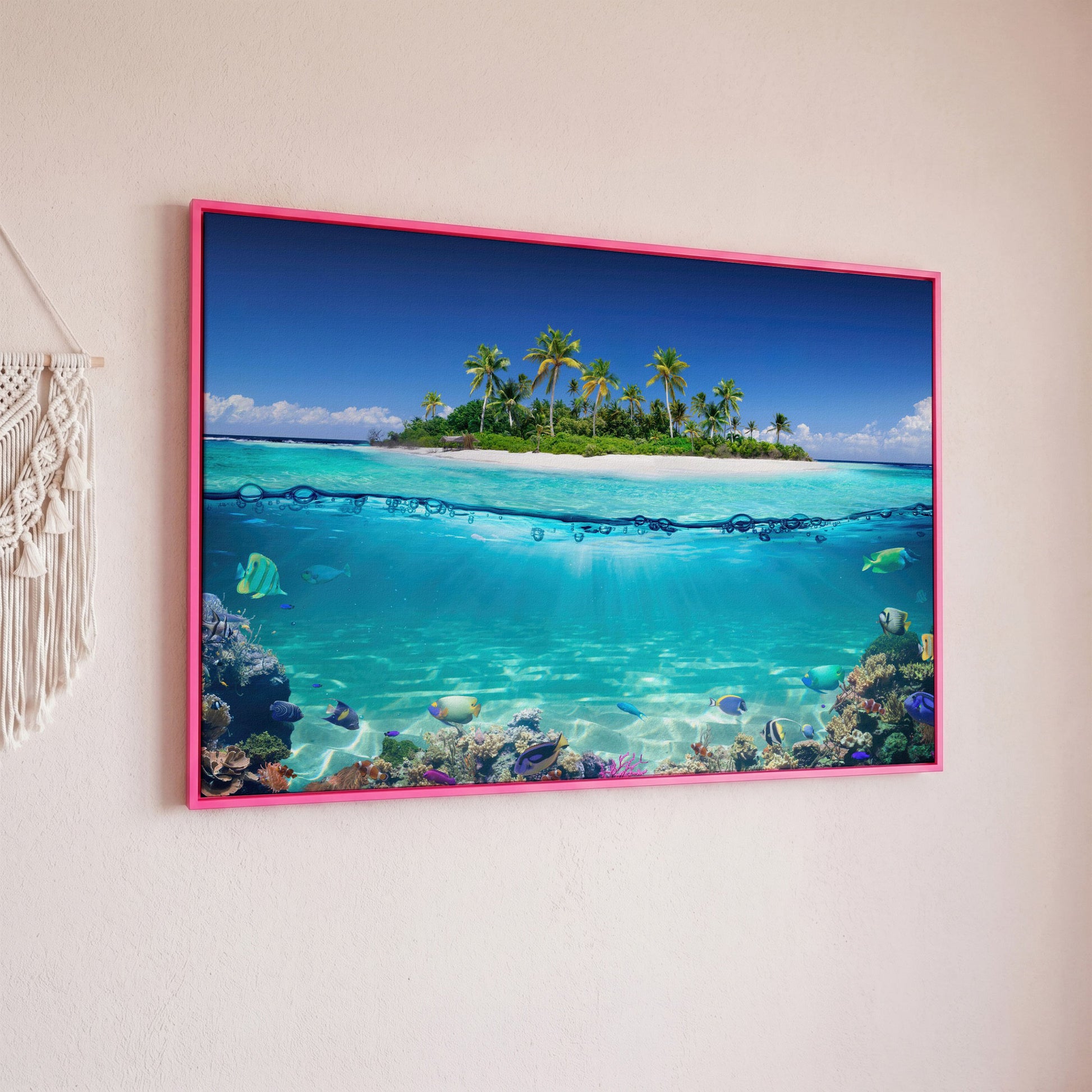 Tropical Island and Coral Reef Split-View Canvas in pink floating frame