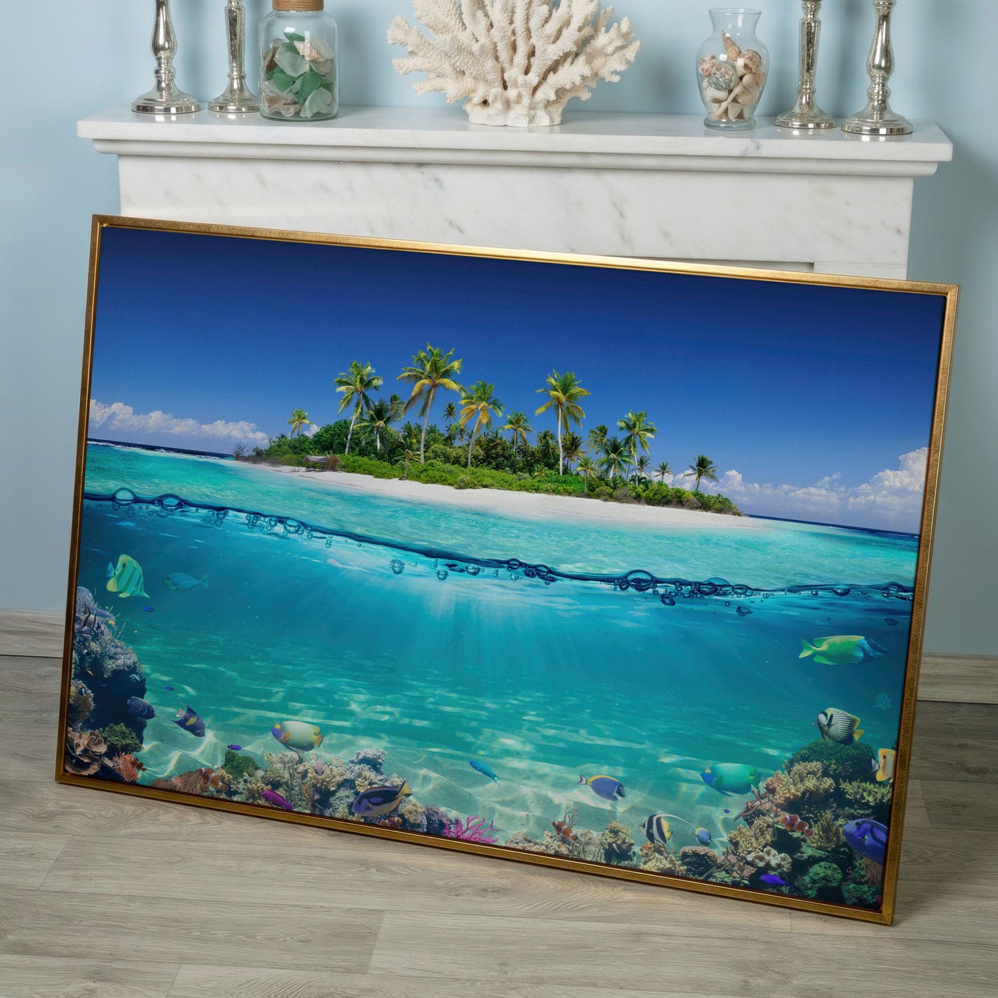 Tropical Island and Coral Reef Split-View Canvas in rose gold floating frame