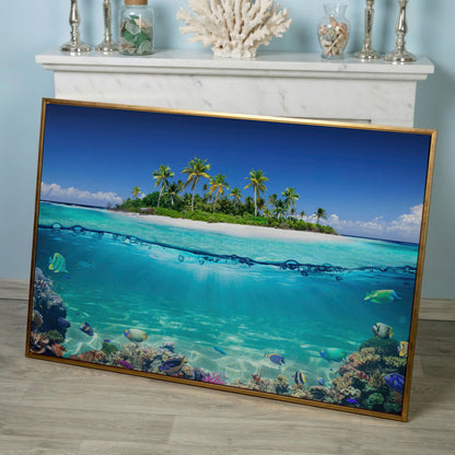 Tropical Island and Coral Reef Split-View Canvas in rose gold floating frame