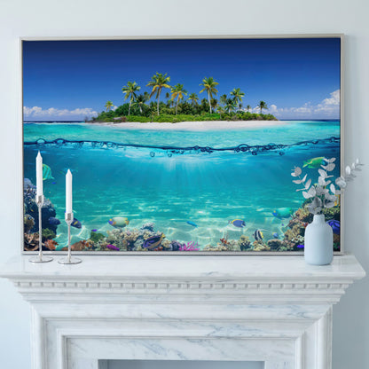 Tropical Island and Coral Reef Split-View Canvas in silver floating frame