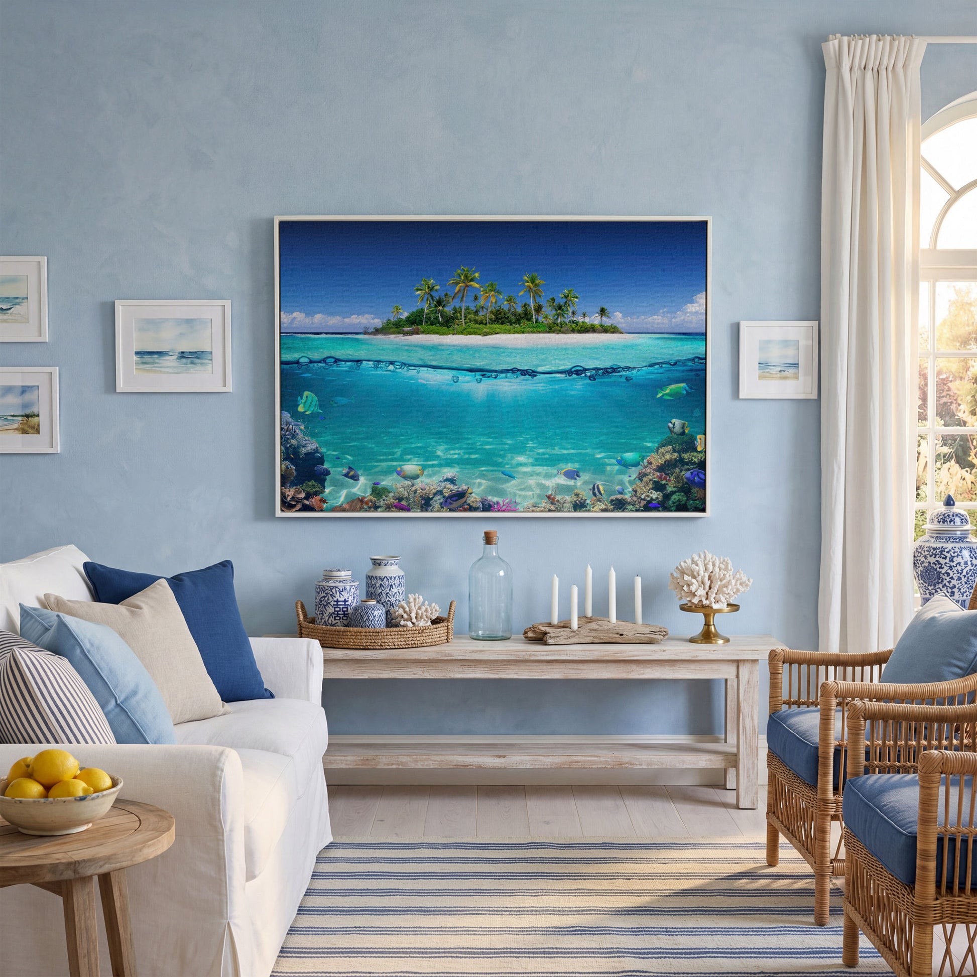 Tropical Island and Coral Reef Split-View Canvas in white floating frame