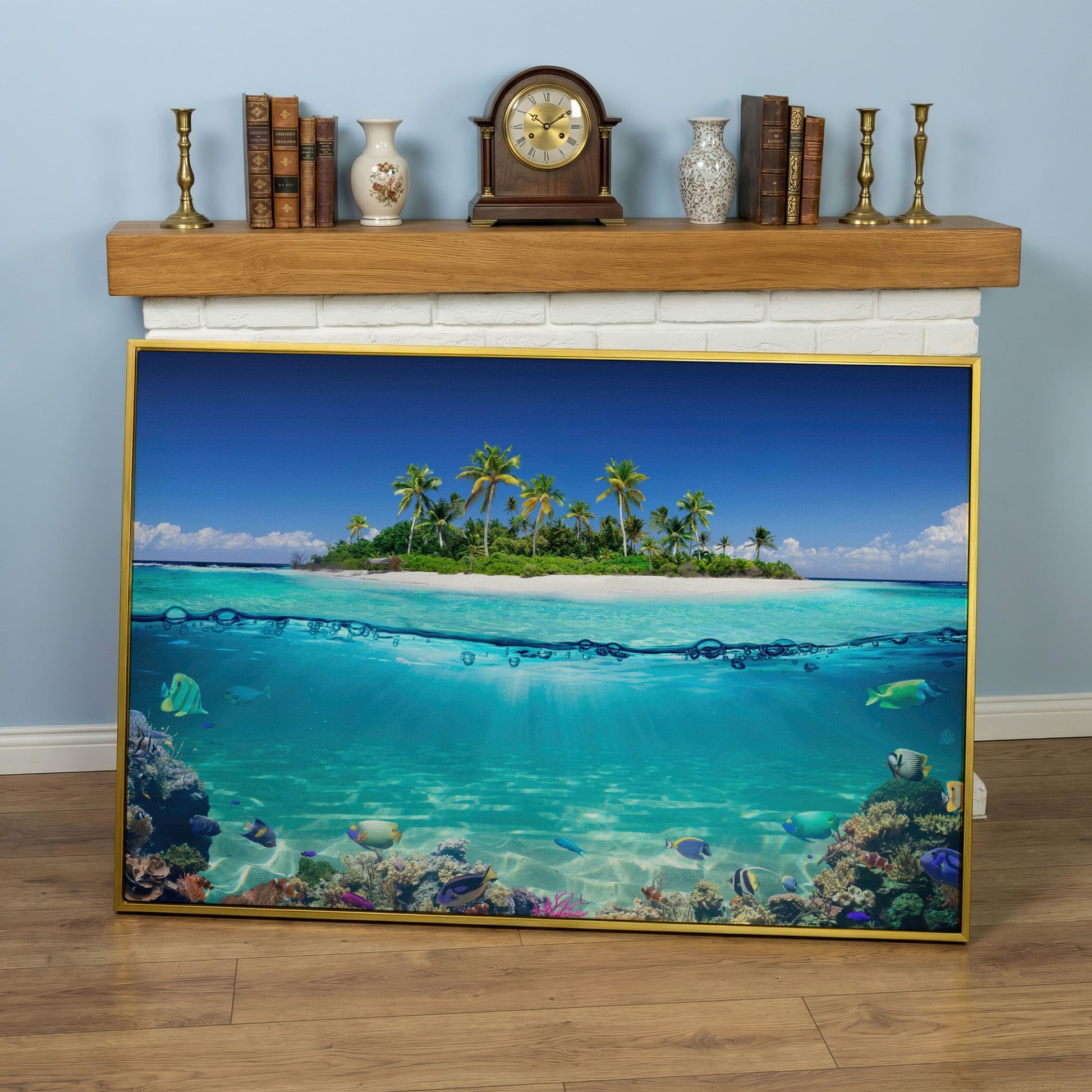 Tropical Island and Coral Reef Split-View Canvas in yellow gold floating frame