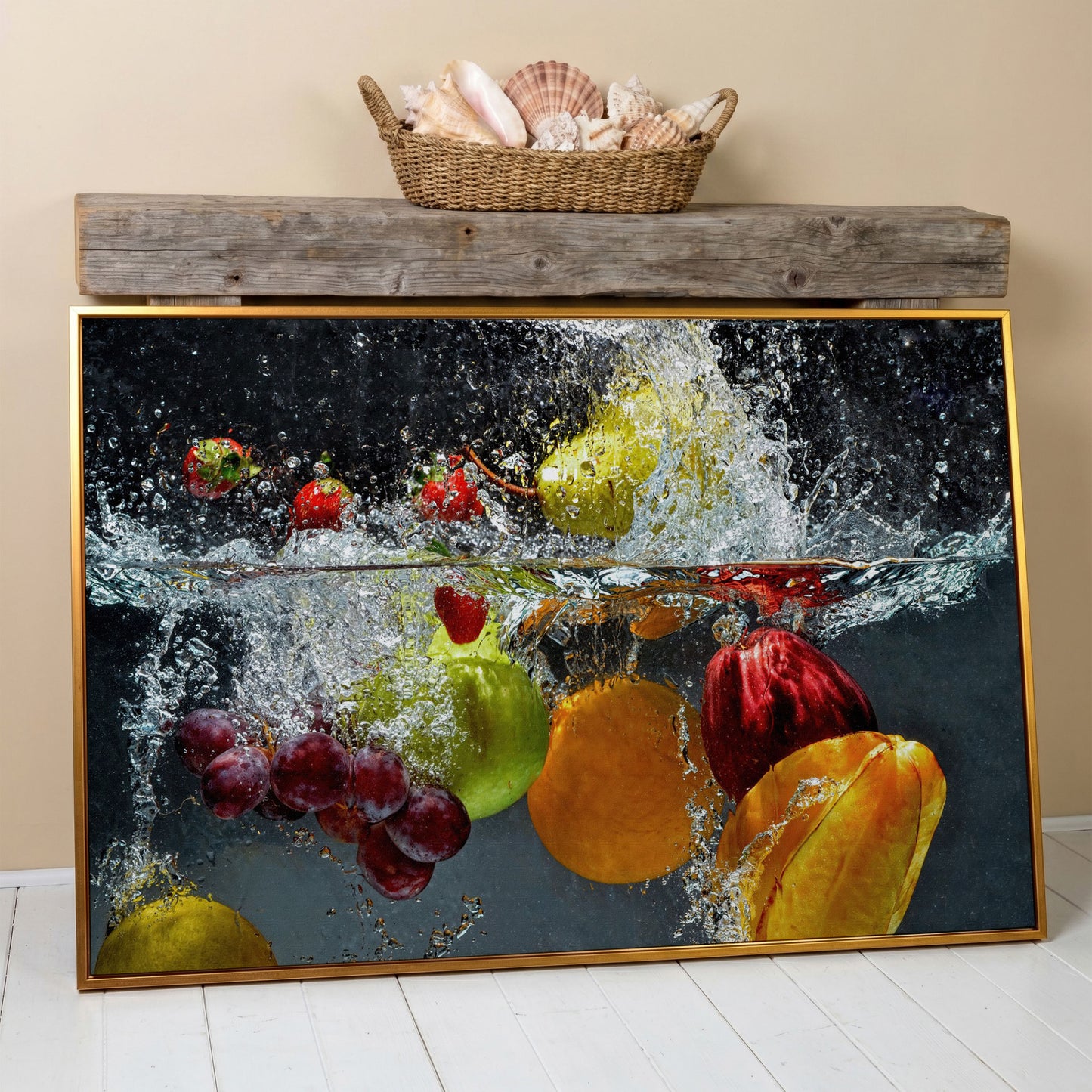 Splashing Fruit Canvas Print for Kitchen in antique gold floating frame