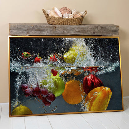 Splashing Fruit Canvas Print for Kitchen in antique gold floating frame
