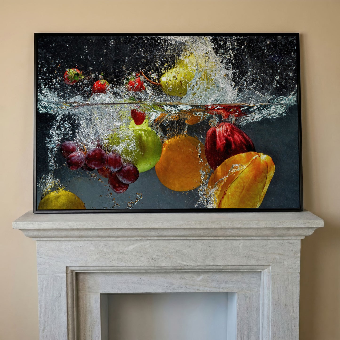Splashing Fruit Canvas Print for Kitchen in black floating frame