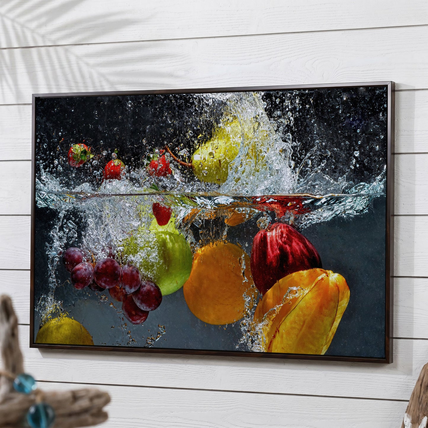 Splashing Fruit Canvas Print for Kitchen in dark walnut floating frame