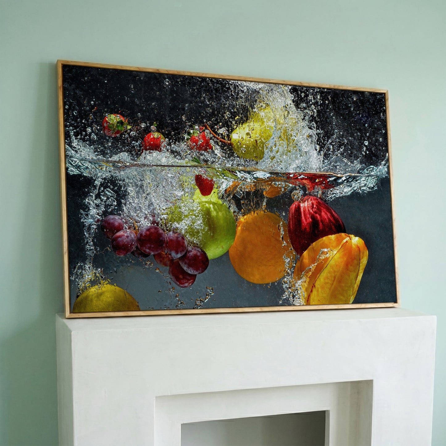 Splashing Fruit Canvas Print for Kitchen in white oak floating frame
