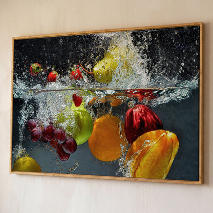 Splashing Fruit Canvas Print for Kitchen shown in white oak floating frame