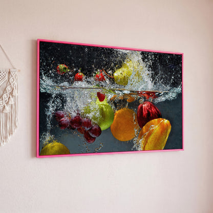 Splashing Fruit Canvas Print for Kitchen in pink floating frame