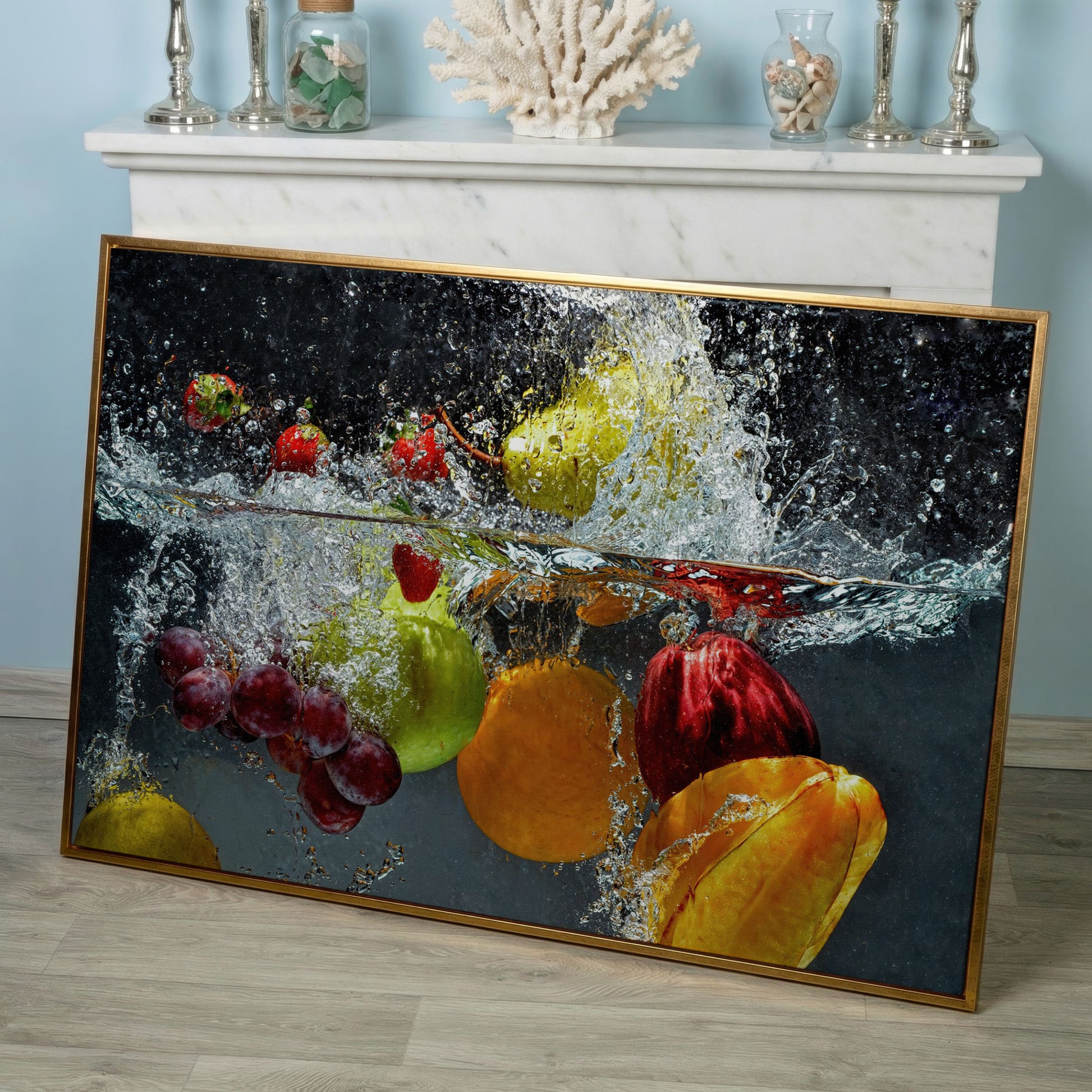 Splashing Fruit Canvas Print for Kitchen in rose gold floating frame