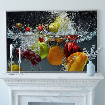 Splashing Fruit Canvas Print for Kitchen in silver floating frame
