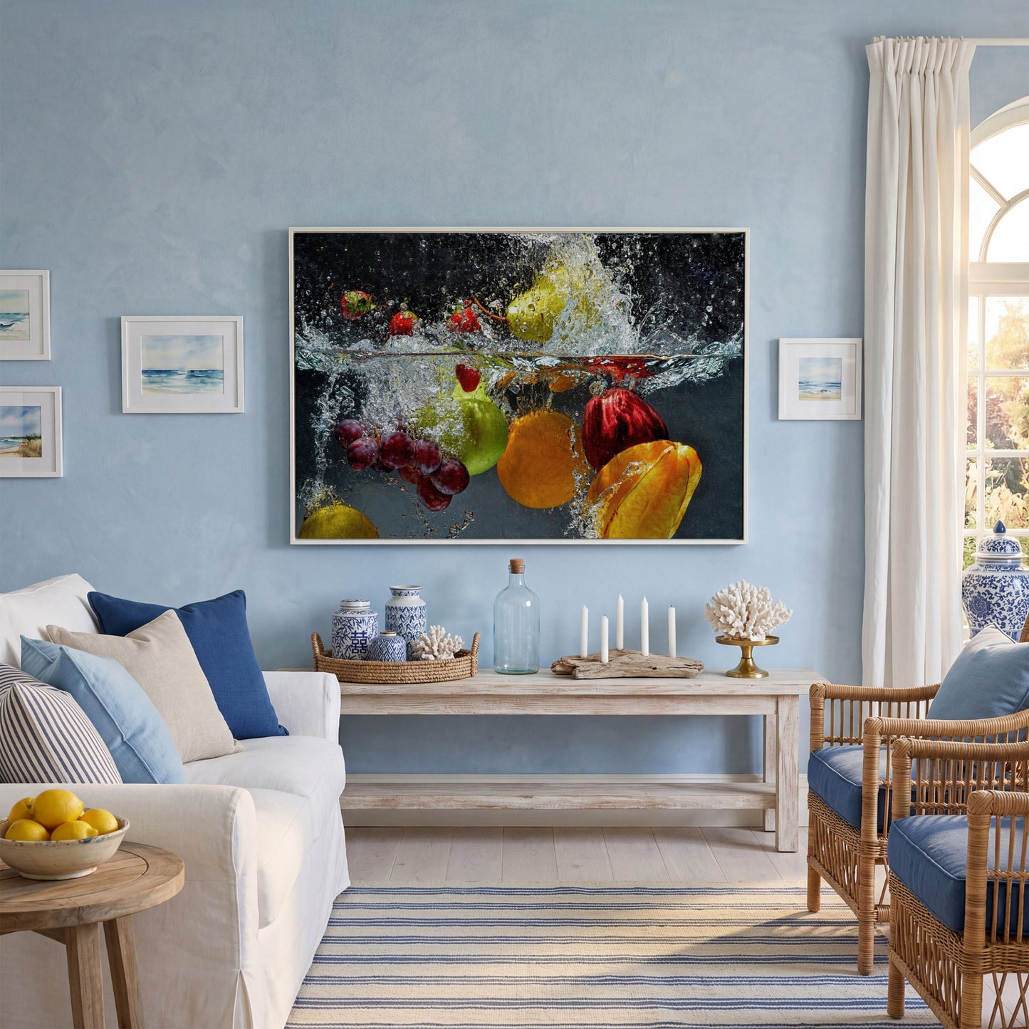 Splashing Fruit Canvas Print for Kitchen in white floating frame
