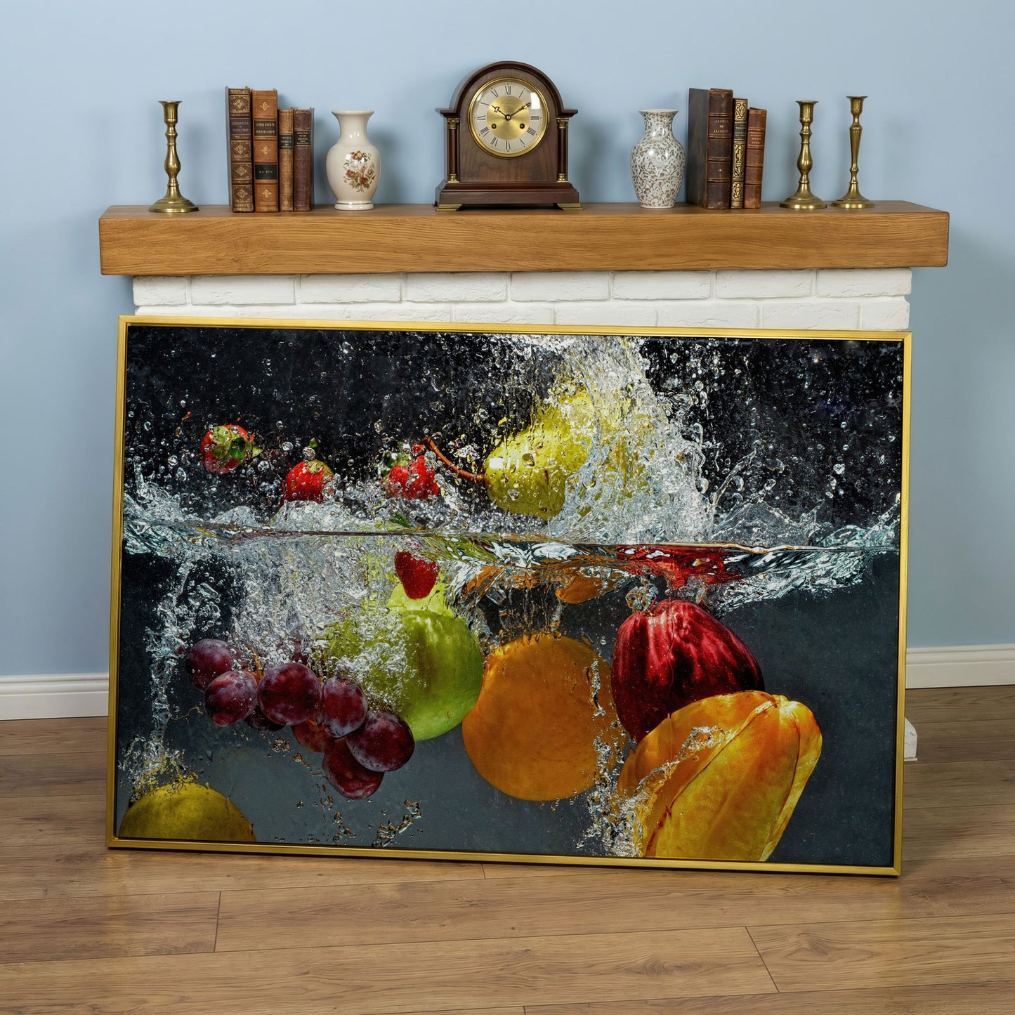 Splashing Fruit Canvas Print for Kitchen in yellow gold floating frame