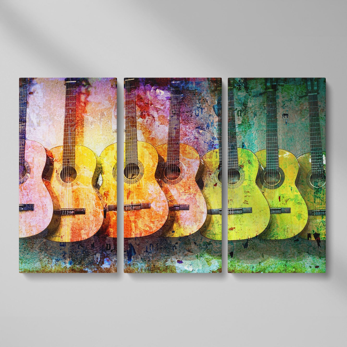Seven Guitars Canvas Print with Mustard & Lime Palette as 3-panel split version