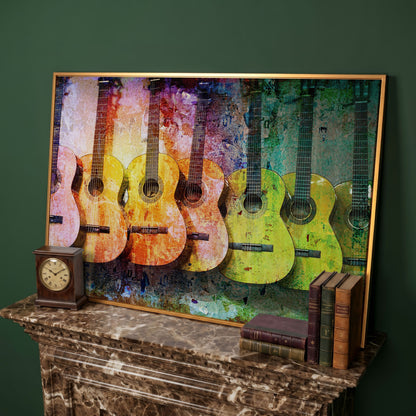 Seven Guitars Canvas Print with Mustard & Lime Palette in antique gold floating frame