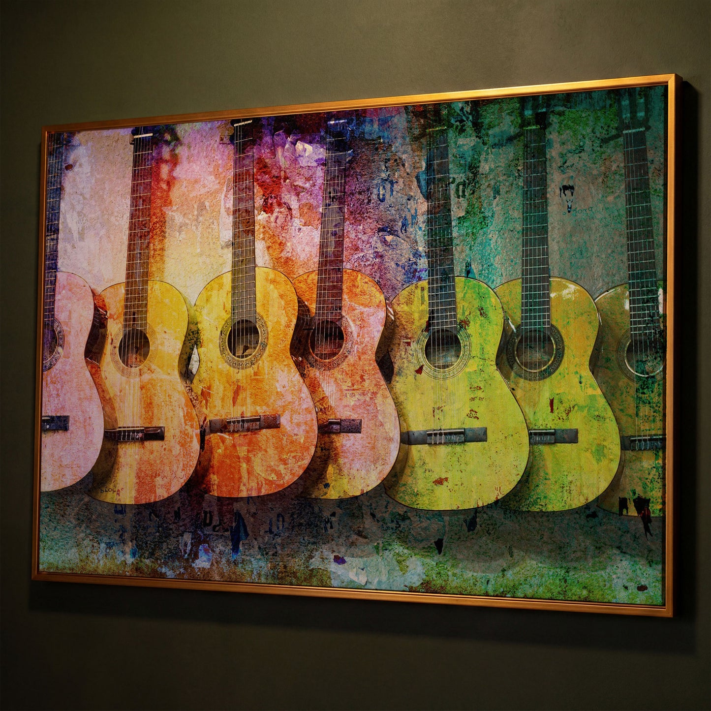 Seven Guitars Canvas Print with Mustard & Lime Palette shown in antique gold floating frame