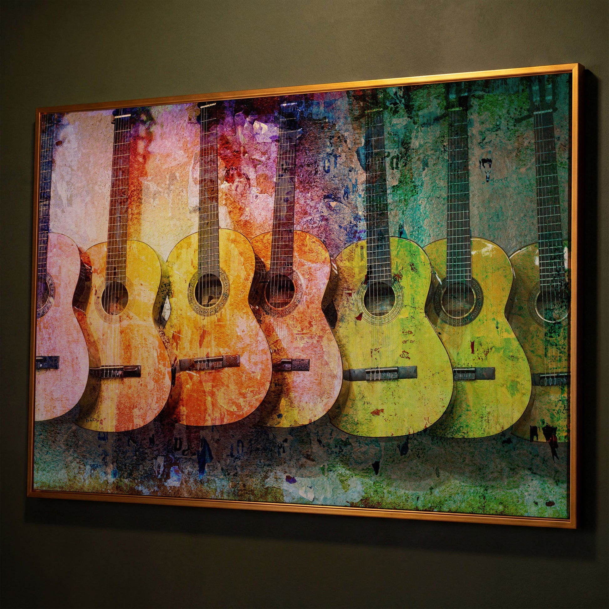 Seven Guitars Canvas Print with Mustard & Lime Palette shown in antique gold floating frame