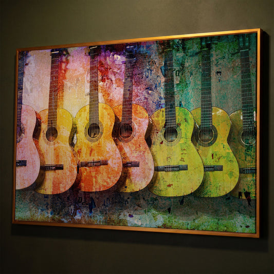 Seven Guitars Canvas Print with Mustard & Lime Palette shown in antique gold floating frame