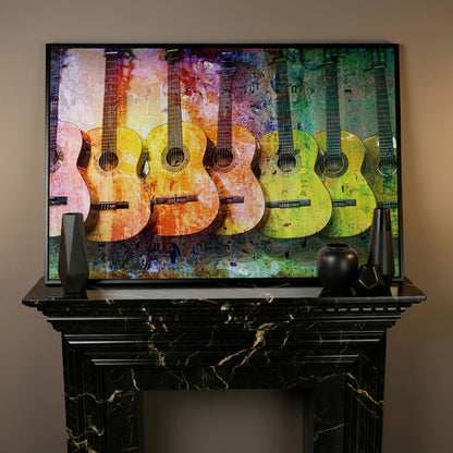 Seven Guitars Canvas Print with Mustard & Lime Palette in black floating frame