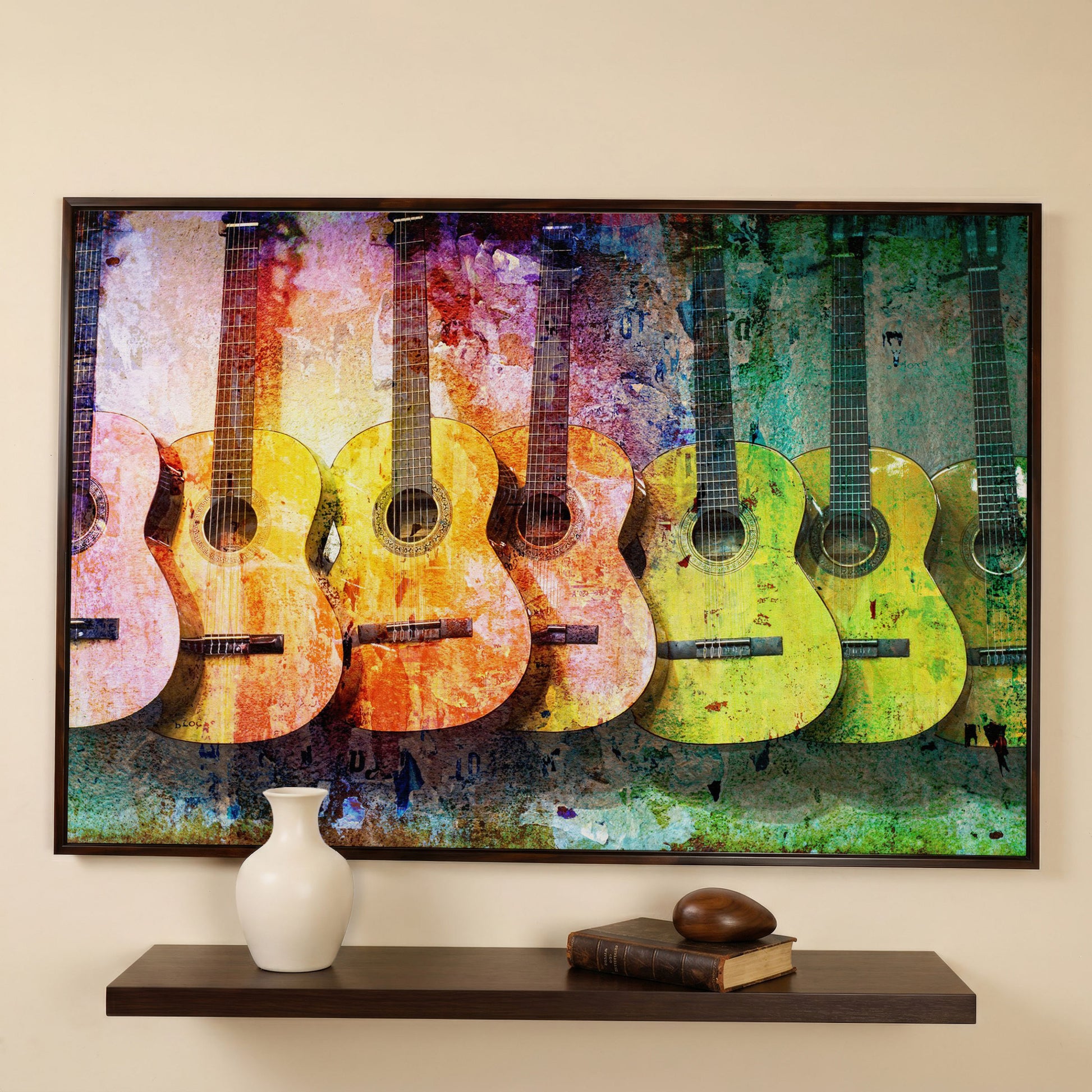 Seven Guitars Canvas Print with Mustard & Lime Palette in dark walnut floating frame