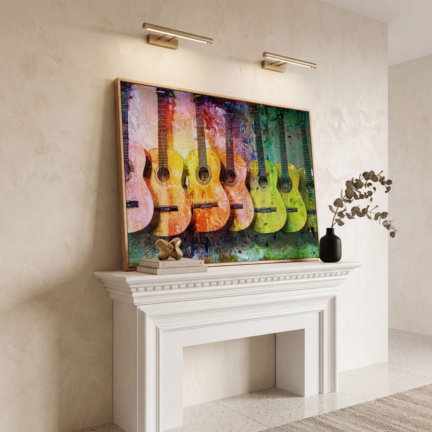 Seven Guitars Canvas Print with Mustard & Lime Palette in white oak floating frame