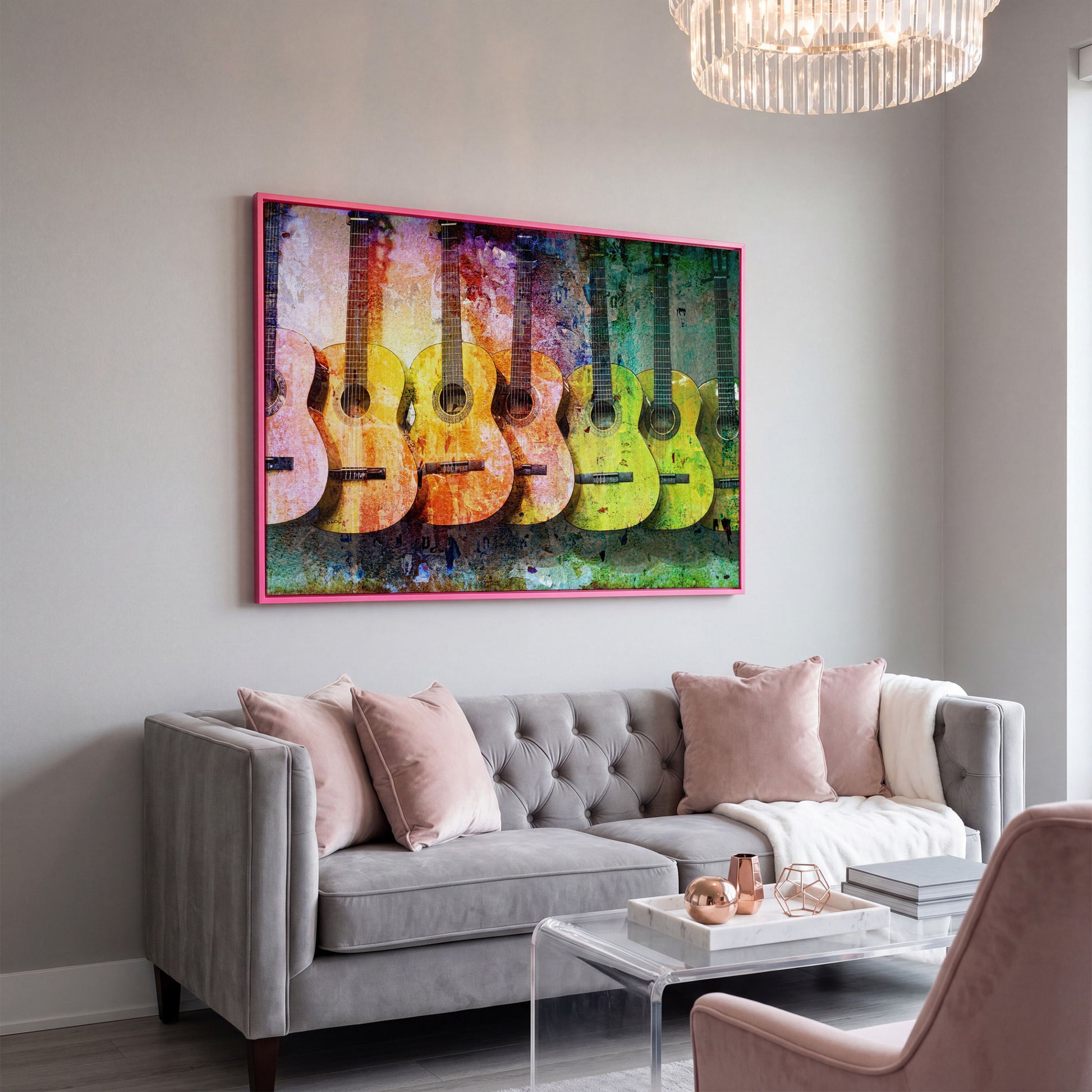 Seven Guitars Canvas Print with Mustard & Lime Palette in pink floating frame