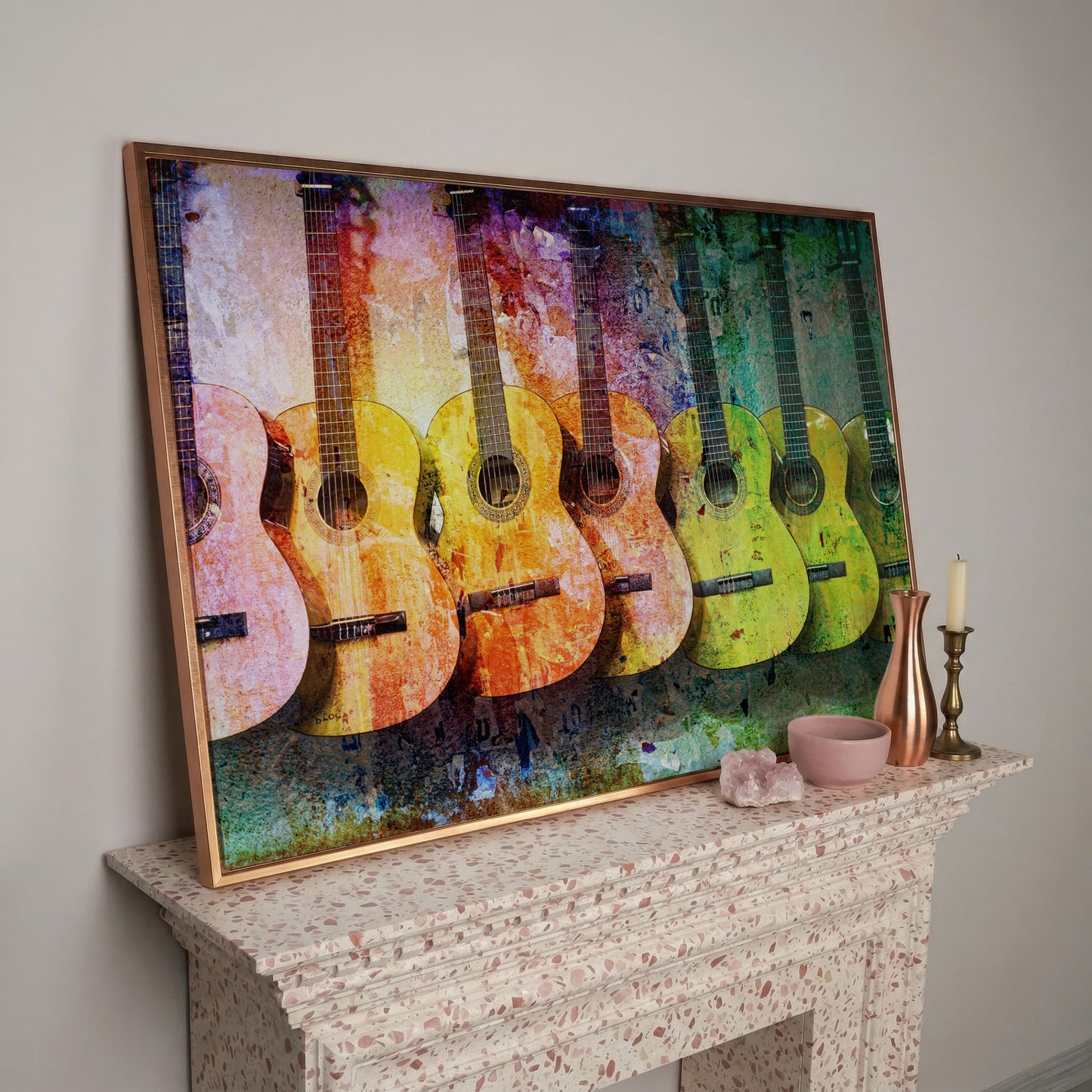 Seven Guitars Canvas Print with Mustard & Lime Palette in rose gold floating frame