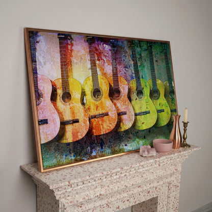 Seven Guitars Canvas Print with Mustard & Lime Palette in rose gold floating frame