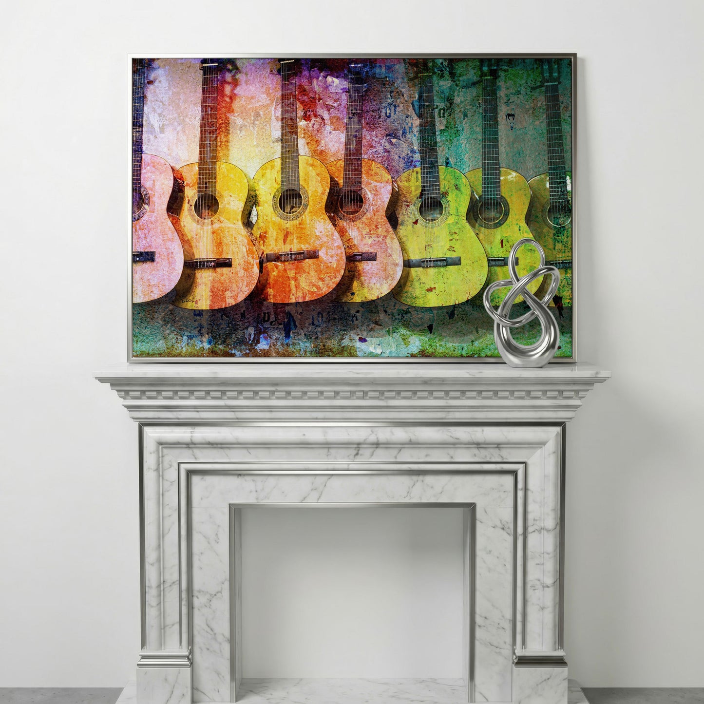 Seven Guitars Canvas Print with Mustard & Lime Palette in silver floating frame