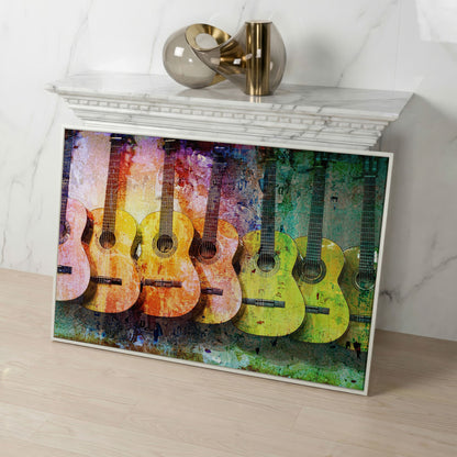 Seven Guitars Canvas Print with Mustard & Lime Palette in white floating frame