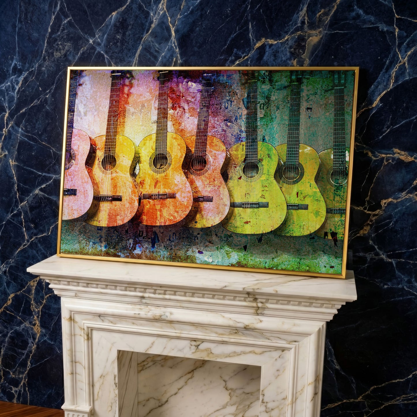 Seven Guitars Canvas Print with Mustard & Lime Palette in yellow gold floating frame