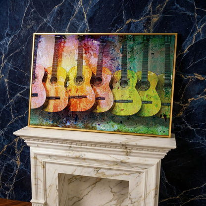Seven Guitars Canvas Print with Mustard & Lime Palette in yellow gold floating frame
