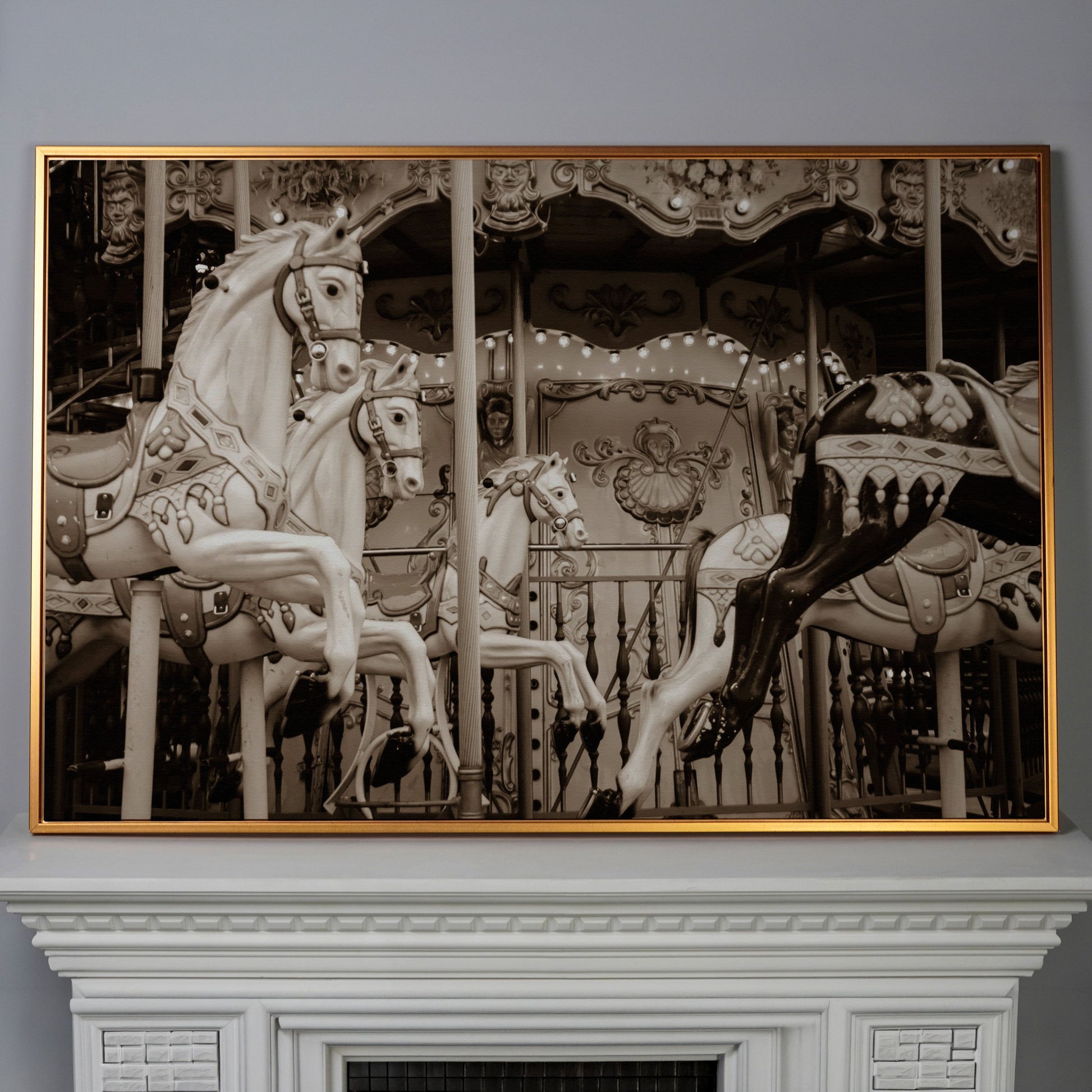 Vintage Paris Carousel Canvas for Kids' Rooms in antique gold floating frame