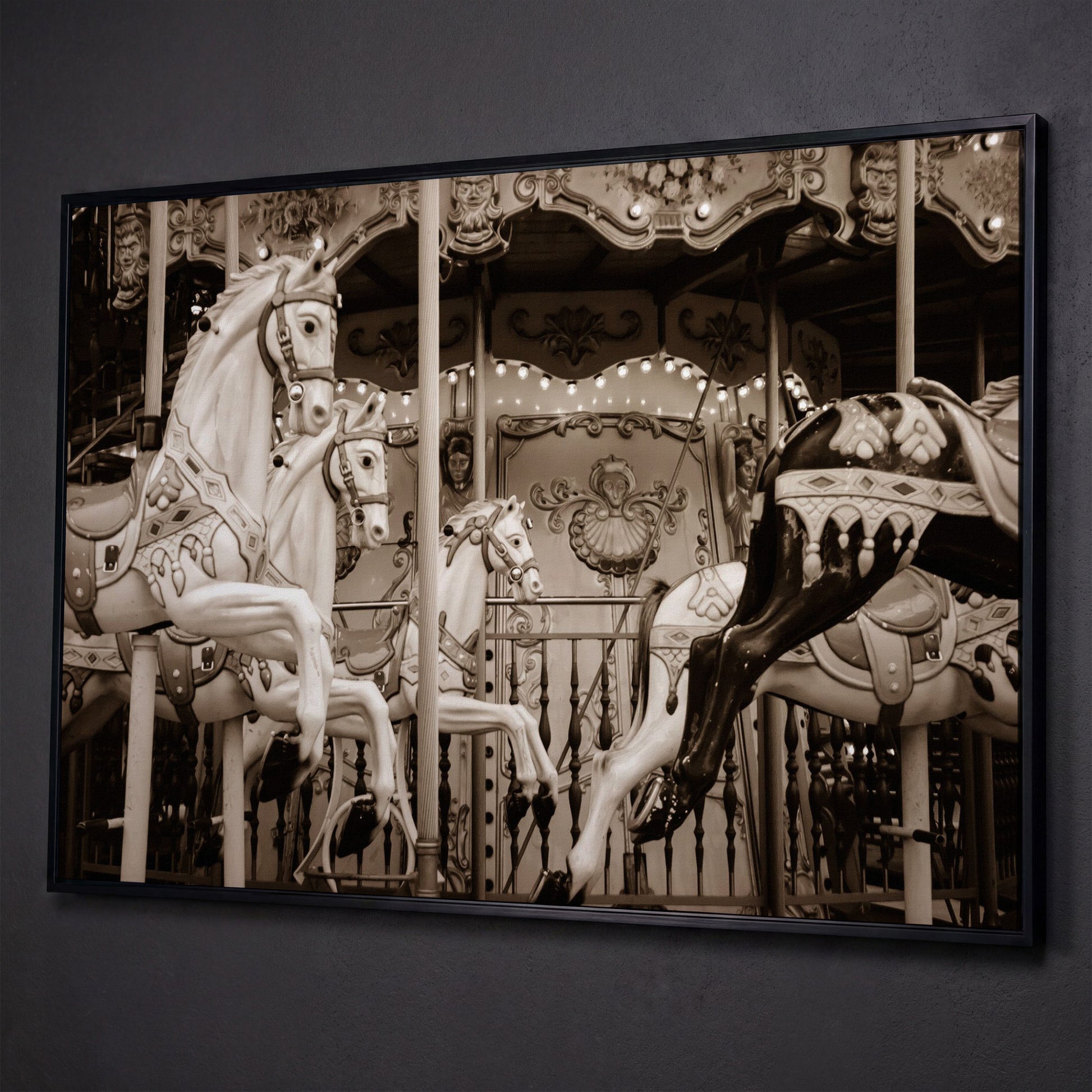 Vintage Paris Carousel Canvas for Kids' Rooms shown in black floating frame