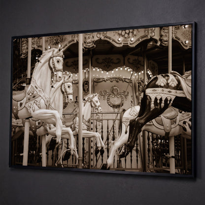 Vintage Paris Carousel Canvas for Kids' Rooms shown in black floating frame