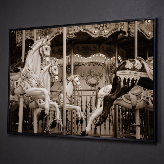 Vintage Paris Carousel Canvas for Kids' Rooms shown in black floating frame