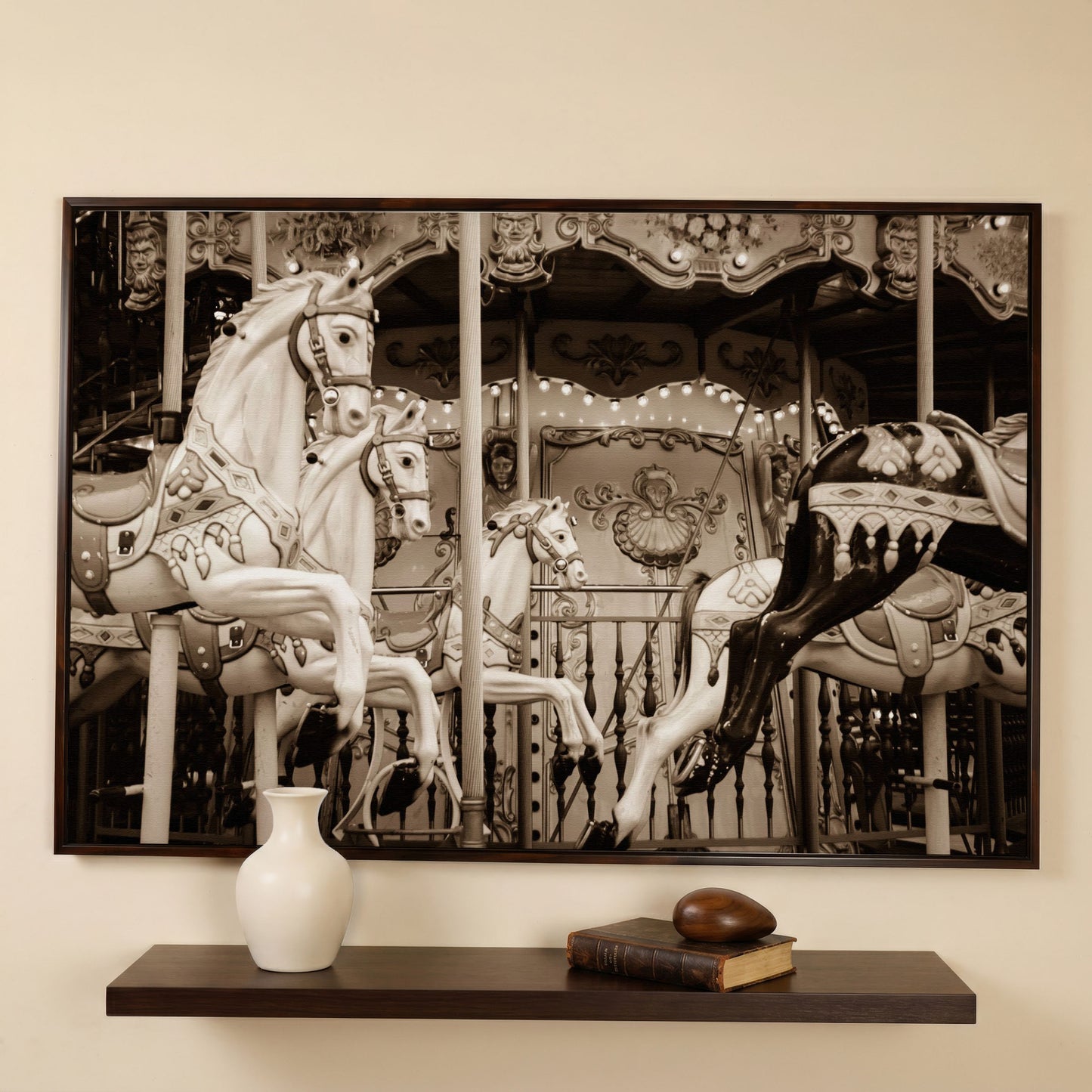 Vintage Paris Carousel Canvas for Kids' Rooms in dark walnut floating frame