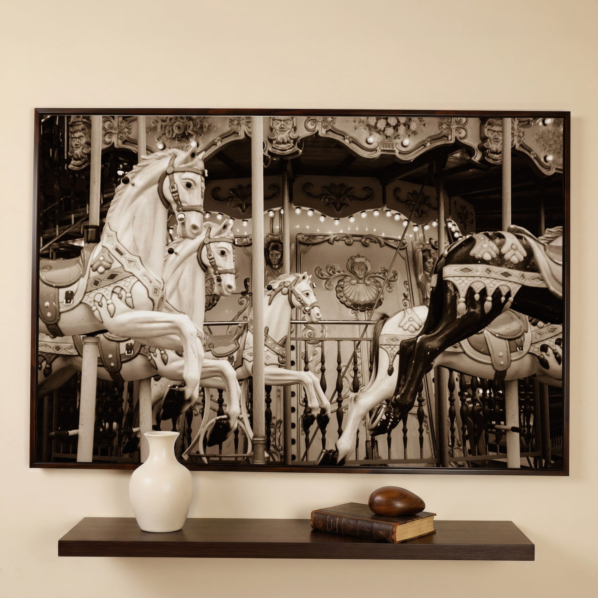 Vintage Paris Carousel Canvas for Kids' Rooms in dark walnut floating frame