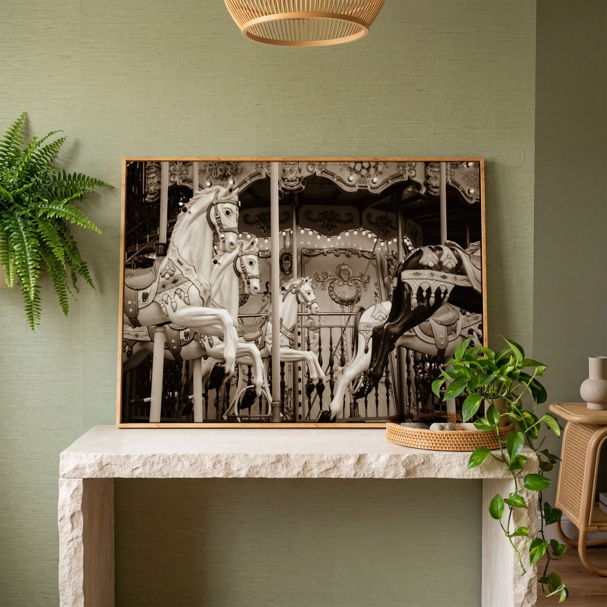 Vintage Paris Carousel Canvas for Kids' Rooms in white oak floating frame