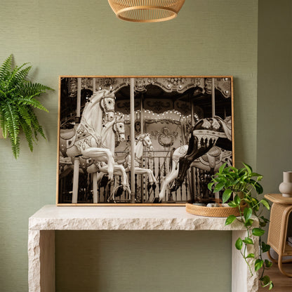 Vintage Paris Carousel Canvas for Kids' Rooms in white oak floating frame
