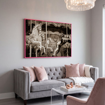 Vintage Paris Carousel Canvas for Kids' Rooms in pink floating frame