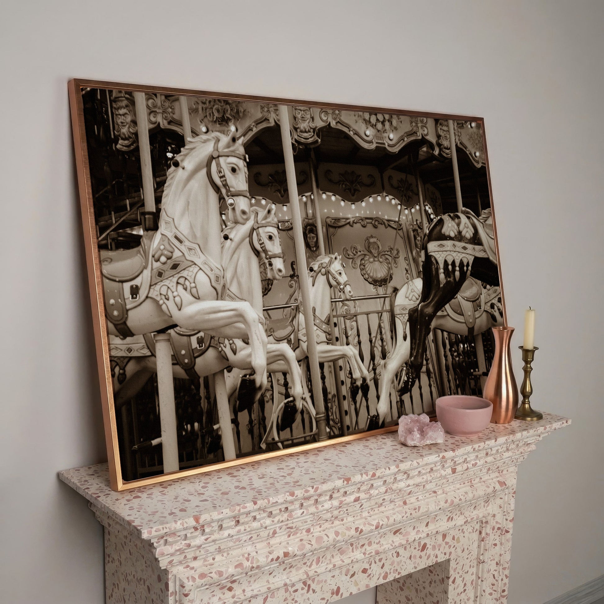 Vintage Paris Carousel Canvas for Kids' Rooms in rose gold floating frame