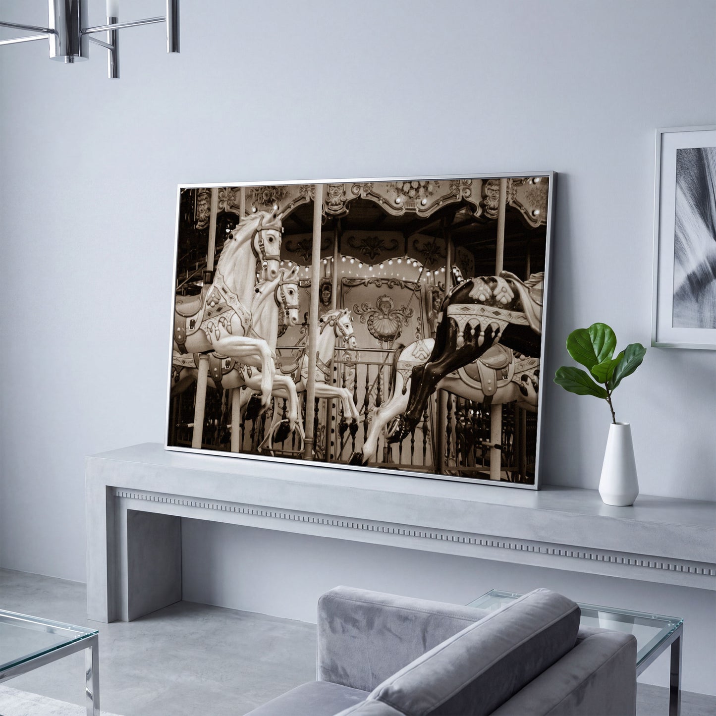 Vintage Paris Carousel Canvas for Kids' Rooms in silver floating frame