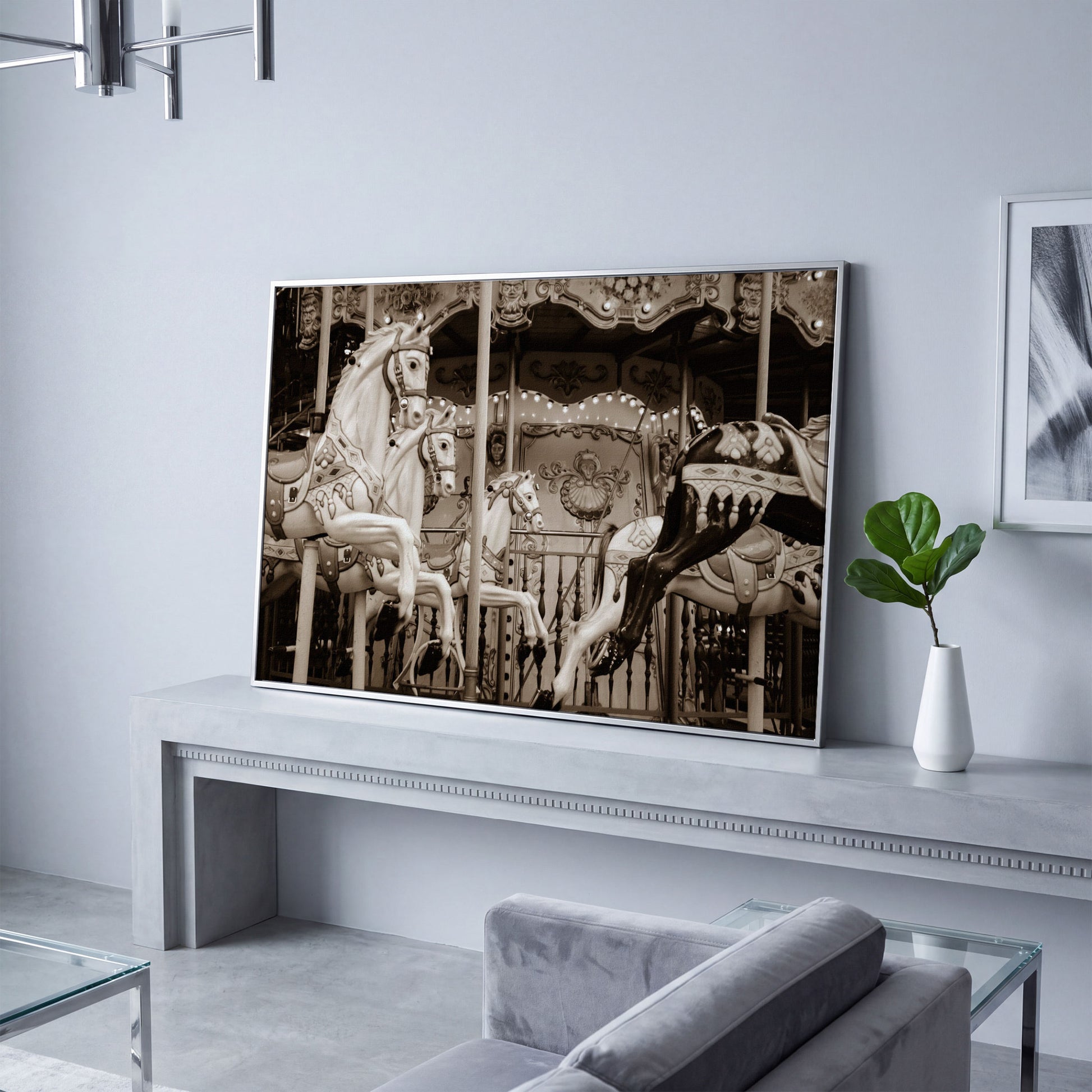 Vintage Paris Carousel Canvas for Kids' Rooms in silver floating frame
