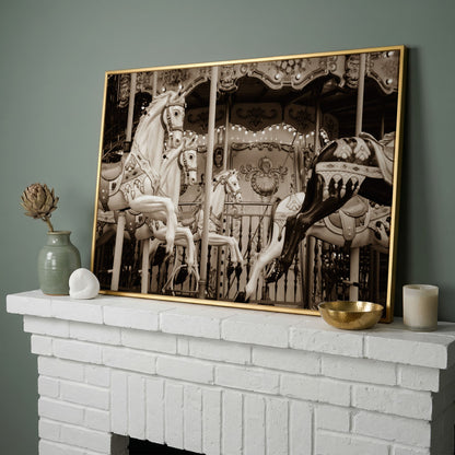Vintage Paris Carousel Canvas for Kids' Rooms in yellow gold floating frame